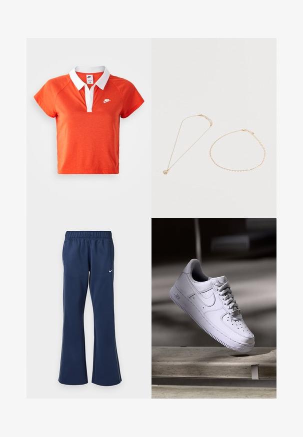 Oranssi polo-paita, jossa on valkoinen kaulus, lyhyet hihat ja valkoinen Nike-logo vasemmassa rinnassa. Valmistettu pehmeästä puuvillasekoitteesta.; Navy sinisiä urheiluhousuja, joissa on levenevä lahje, joustava vyötärö, sivutaskut ja valkoinen Nike-logo vasemmassa reidessä. Suuri kangaslaatu.; Valkoinen Nike Air Force 1 -tossu leijuu betonipinnan yläpuolella varjojen kera minimalistisessa ympäristössä.; Kaksi hentoa kultaketjua, jotka on asetettu valkoiselle pinnalle; toisessa on pyöreä helmiäispendantti ja toisessa yksinkertainen ketjukaulakoru.