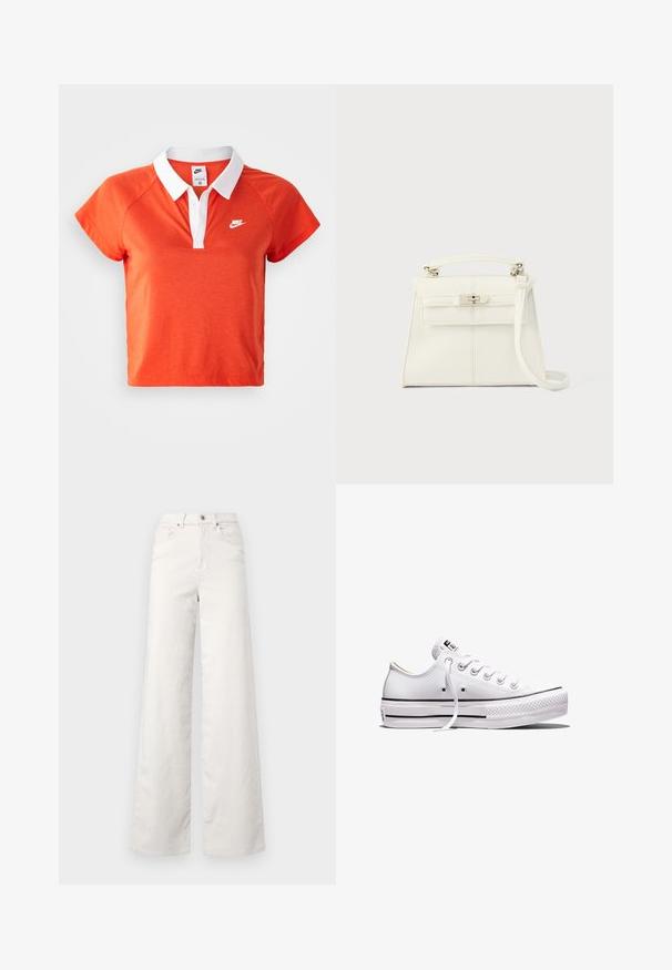 Oranges Polohemd mit weißem Kragen, kurzen Ärmeln und Nike-Logo in Weiß auf der linken Brust. Hergestellt aus einem weichen Baumwollmischmaterial.; ONLY Tall ONLHOPE GLOBAL HIGH WAIST WIDE - Stoffhose - pumice stone; Weißer Sneaker aus Segeltuch mit niedrigem Schnitt, weißen Schnürsenkeln, Gummisohle, schwarzen Streifendetails und Logopatch auf der Zunge und Ferse.; Weiße Lederhandtasche mit klarer Form, oberem Griff, abnehmbarem Schulterriemen und silberner Verschlussklemme. Glatte Textur, minimalistisches Design.