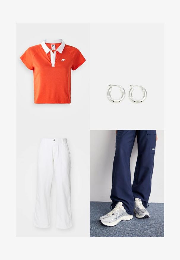 Käesolev oranž polo-särk, millel on valge krae, lühikesed varrukad ja valge Nike logo vasakul rinnal. Särk on valmistatud pehmest puuvilla segust.; Valged puuvillased püksid otse lõikega, nuppude kinnitusega, küljetaskutega ja lõdva sobivusega. Sile tekstuur.; Nike spordijalatsid hõbedase võrkkanga ülaosaga, valgete aktsentidega ja tekstuuriga tallad, koos laia lõikega tumesiniste pükstega.; Hõbedased rõngaskõrvarõngad poleeritud viimistlusega, ringikujulise kujuga ja hingedega kinnitusega. Sile tekstuur minimaalsete detailidega.
