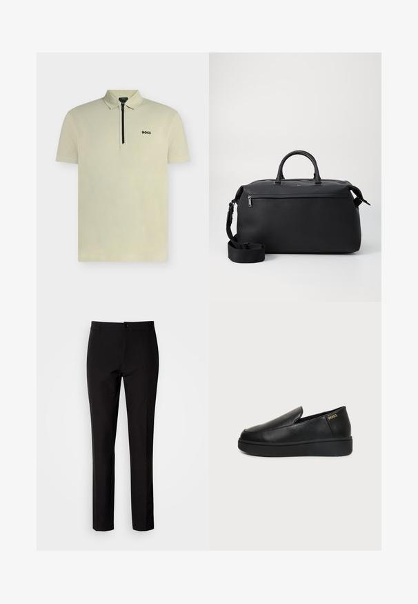 Polo beige clair à manches courtes avec patte zippée et logo noir "BOSS" sur la poitrine gauche.; Pantalon noir en tissu lisse, avec coupe droite, fermeture à boutons sur le devant et poches latérales discrètes. Look simple et ajusté.; Chaussure noire en cuir à enfiler avec semelle épaisse et petits trous de ventilation latéraux, avec un logo doré "HUGO" près du talon.; Sac de voyage en cuir noir avec deux poignées supérieures, une bandoulière amovible et une poche avant zippée pour un espace de rangement supplémentaire.