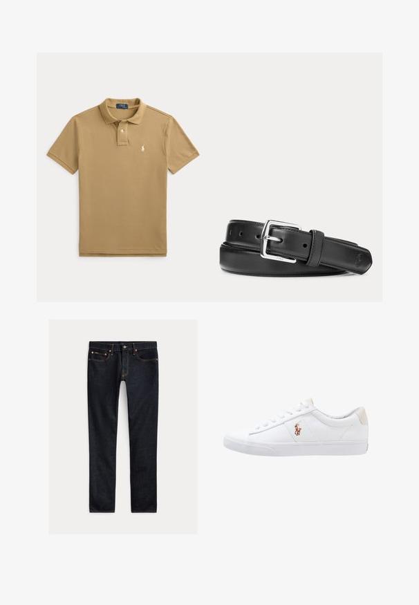 Béžové polo s krátkym rukávom, golierom, dvojgombíkovou légou a malým bielym vyšitým logom na ľavej strane hrudníka.; Tmavomodré slim-fit džínsy s piatimi vreckami, zapínaním na gombíky a kontrastným prešívaním, položené na svetlom pozadí.; Biele plátenné tenisky s nízkym strihom, ktoré majú béžový opasok na päte a malé vyšívané logo na boku. Gumová podrážka.; Čierny kožený opasok so striebornou obdĺžnikovou prackou, zrolovaný na bielom pozadí, s jemným vyrazeným logom na špičke.