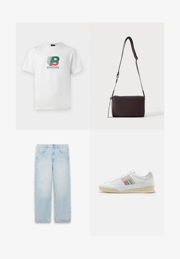 Witte katoenen T-shirt met een kleurrijk grafisch ontwerp met de tekst "ATHLÉTIQUE" en stadsnamen in rode, groene en blauwe accenten.; Lichtblauwe denim rechte jeans met hoge taille, twee voorzakken, een enkele muntzak en een knoopsluiting.; Witte leren sneaker met een crèmewitte zool, meerkleurige strepenaccenten aan de zijkant en 'PS Paul Smith' merknaam in het goud.; Donkerbruine gestructureerde leren crossbodytas met verstelbare riem en klein decoratief blauw accent aan de zijkant.
