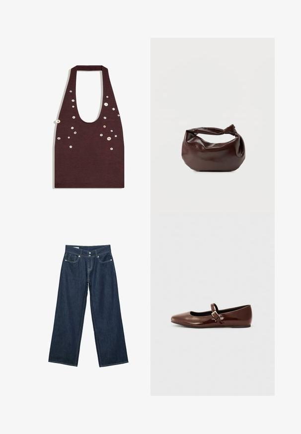 Haut sans manches marron foncé avec un décolleté en U profond, décoré de petits boutons blancs éparpillés sur les côtés avant.; Jeans en denim bleu foncé à jambes larges avec fermeture à double bouton, poches avant et surpiqûres contrastantes sur fond blanc.; Ballerine en cuir verni marron avec un bout carré et une lanière ornée d'une petite boucle dorée. Texture lisse, talon bas et design minimaliste.; Sac bandoulière en cuir marron foncé avec une forme souple et décontractée et une anse nouée torsadée sur un fond blanc uni.