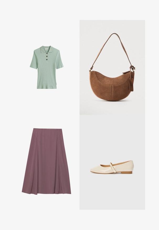 Lichtgroen geribbelde polo-shirt met korte mouwen, drie donkere knopen en een klassiek kraagontwerp. Gemaakt van zachte, textuurstof.; Een knie-lange rok in een gedempte mauve kleur, gemaakt van lichte stof met een geplooid design en een gladde textuur. Geen zichtbare sluitingen.; Beige laarzen in patentrein met een vierkante neus, een kleine hak en een verstelbare enkelband met een gouden gespaccent.; Bruine suède handtas met een gebogen, halve maanvorm. Voorzien van een schouderriem, een klein label en zichtbare stiksels langs de randen.