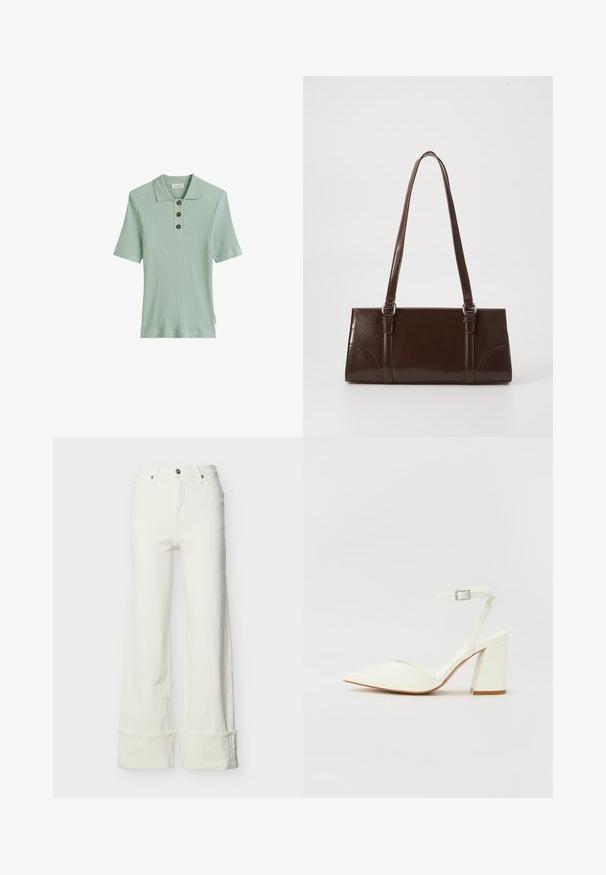 Polo de manga corta en verde claro con rayas, tres botones oscuros y un diseño de cuello clásico. Fabricado en una tela suave y texturizada.; Jeans blancos de pierna ancha con cintura alta, botón y cremallera al frente, trabillas para cinturón, bolsillos delanteros y traseros, y dobladillos doblados.; Sandalia blanca de tacón con puntera afilada, correa ajustable en el tobillo y un tacón cuadrado grueso. Textura lisa con detalles de costura mínimos.; Bolso de mano de piel sintética marrón con forma rectangular, dos asas largas y sutiles acentos curvados en la parte delantera.