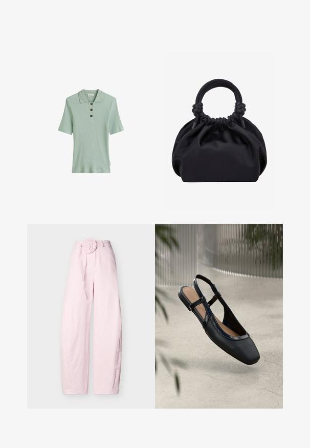 Lys grøn ribbet polo shirt med korte ærmer, tre mørke knapper og et klassisk kravedesign. Fremstillet af blødt, tekstureret stof.; Lyserøde vidde-bukser med høj talje, bælte med stofblomst og lommer foran på en ensfarvet grå baggrund.; Sorte læder slingback flade sko med firkantet tå, prydet med en blank patenteret kant og justerbare remme for en sikker pasform.; Sort blød stofhåndtaske med samlet top og afrundede håndtag knyttet ved bunden mod en ensartet lys baggrund.