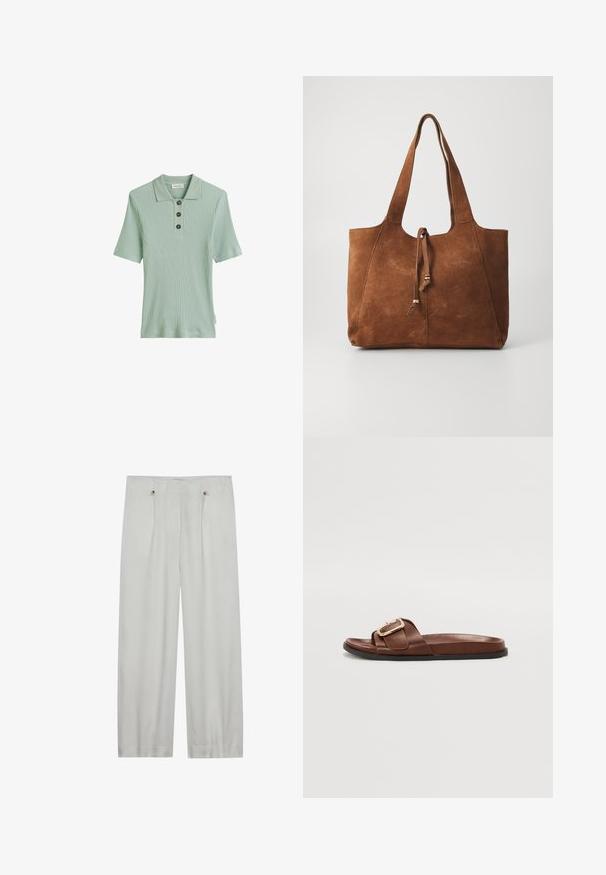 Polo de manga corta en verde claro con rayas, tres botones oscuros y un diseño de cuello clásico. Fabricado en una tela suave y texturizada.; Pantalones de pierna ancha en gris claro, confeccionados en una tela suave. Presentan dos pliegues frontales, dos cierres de botón y una textura suave.; Sandal de cuero marrón deslizante con una banda ancha y un acento de hebilla dorada, suela plana y textura suave.; Bolso tote de ante marrón con dos asas largas, cierre de cordón y textura suave. Presenta un diseño sencillo y acentos mínimos.