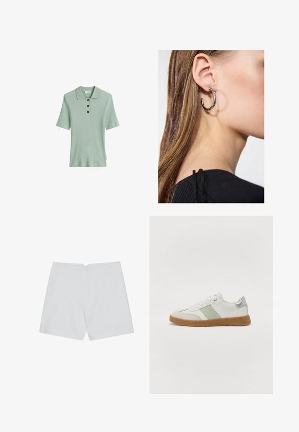 Polo de manga corta en verde claro con rayas, tres botones oscuros y un diseño de cuello clásico. Fabricado en una tela suave y texturizada.; Pantalones cortos blancos con un diseño a medida, con una parte frontal plana, dos bolsillos laterales y un dobladillo limpio. Fabricados con una tela suave y sin patrones visibles.; TOM TAILOR Zapatillas - white/mint; Pendiente de aro de plata con un acabado pulido, que presenta pequeños detalles en dorado y una forma redonda, llevado en el lóbulo.