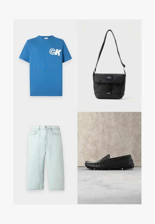 Blaues Baumwoll-T-Shirt mit kurzen Ärmeln und Rundhalsausschnitt, mit weißem "CK"-Logo auf der linken Brust. Glatte Textur, reguläre Passform.; Hellblaue Jeansshorts mit geradem Bein, mittlerer Bundhöhe, vorderen Taschen und einer einzelnen Gesäßtasche, veredelt mit dezenter Naht.; Schwarzer Lederloafer schwebt über einem beigen Teppichboden neben einem abgerundeten, bernsteinfarbenen Glastisch.; Schwarze Calvin Klein Schultertasche mit verstellbarem Riemen, Vorderklappe, Schnallenverschluss und sichtbarem Markenlogo-Patch.