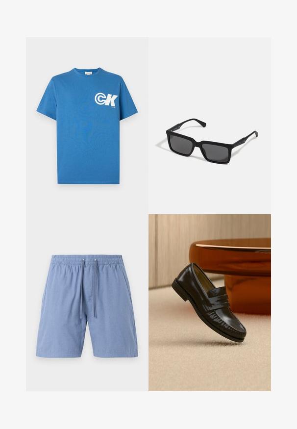 Camiseta azul de algodón con mangas cortas y cuello redondo, con el logo blanco "CK" en el pecho izquierdo. Textura lisa, corte regular.; Shorts de color azul claro con cintura elástica y cordón. Tienen bolsillos laterales y una tela ligeramente texturizada.; Mocasín de cuero negro brillante con detalle de correa, colocado sobre una alfombra beige cerca de una mesa de café redonda marrón en una habitación con iluminación suave.; Gafas de sol negras con lentes rectangulares, acabado mate, montura gruesa y brazos delgados con un discreto detalle de marca.