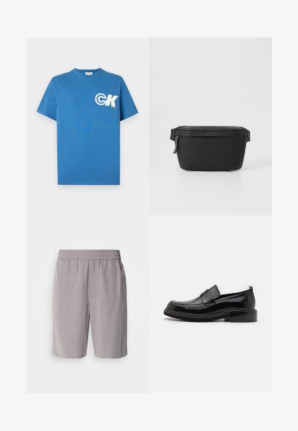 Camiseta azul de algodón con mangas cortas y cuello redondo, con el logo blanco "CK" en el pecho izquierdo. Textura lisa, corte regular.; Calvin Klein PULL ON - Shorts - steeple gray; Calvin Klein MOCCASIN - Mocasines elegantes - black; Bolso cosmético de cuero negro con superficie texturizada, cierre de cremallera y logo embellecido en la parte frontal. Forma rectangular compacta con correa lateral.