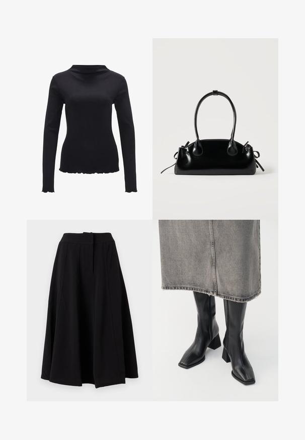 Zwarte lange mouwen top van gladde stof, met een mock neck ontwerp en een gegolfde zoom. Geen zichtbare patronen of hardwareaccenten.; Zwarte A-lijn midi-rok met brede tailleband en zichtbare verticale naaddetails, getoond tegen een effen achtergrond.; Zwarte laarzen tot de knie van soepel leer met een vierkante neus en blokhak. Draag ze met een grijze denim rok met een rafelige zoom.; Kleine zwarte glanzende handtas met twee lange hengsels en zijkant trekkoord details op een effen lichte achtergrond.