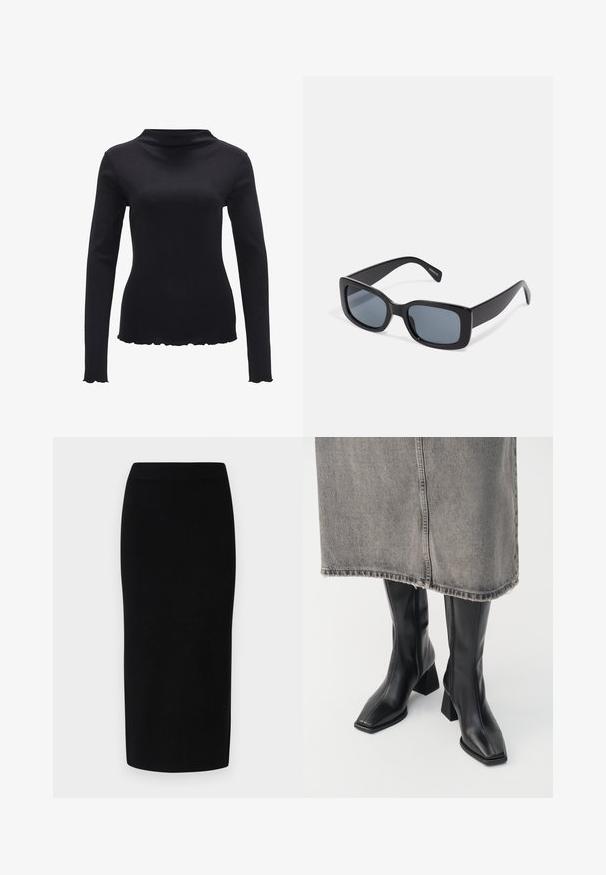 Zwarte lange mouwen top van gladde stof, met een mock neck ontwerp en een gegolfde zoom. Geen zichtbare patronen of hardwareaccenten.; Zwarte gebreide midi-jurk met een aansluitende silhouet, voorzien van een brede elastische tailleband en een gladde textuur, zonder waarneembare patronen of accenten.; Zwarte laarzen tot de knie van soepel leer met een vierkante neus en blokhak. Draag ze met een grijze denim rok met een rafelige zoom.; Zwarte rechthoekige zonnebril met donkere getinte lenzen, een dik plastic montuur en brede scharnieren. Glad oppervlak en hoekig ontwerp.