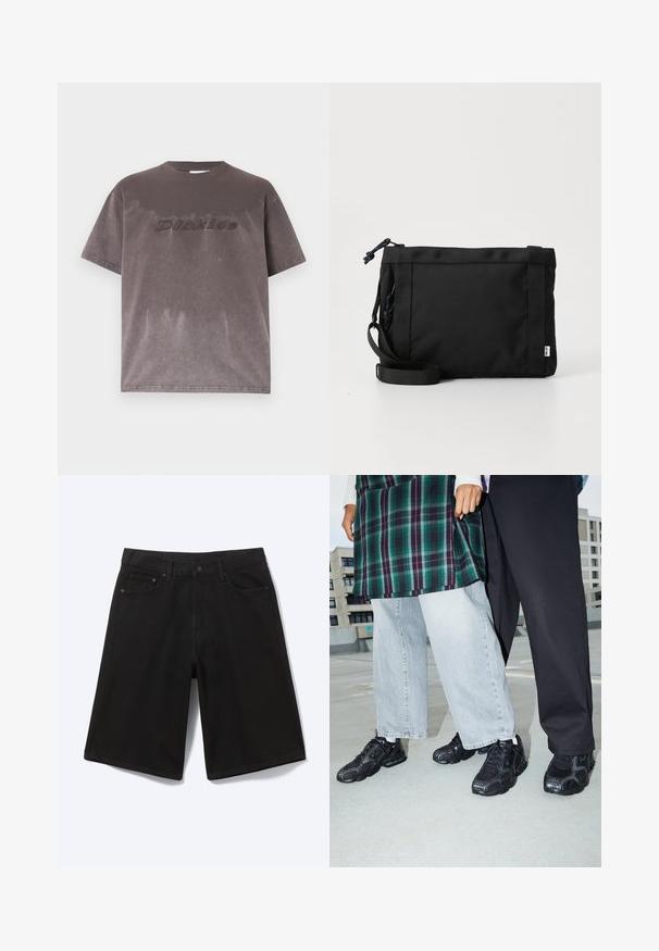 T-shirt à manches courtes gris foncé délavé avec "Dickies" brodé sur la poitrine, présenté sur un fond uni.; Short en jean noir longueur genou avec bouton à l'avant, passants de ceinture et cinq poches, présenté sur fond blanc.; Baskets de sport noires avec des accents en mesh et en caoutchouc. Portées avec un jean large gris clair et un haut à carreaux vert. Fond à surface plane.; Sac à épaule en tissu noir avec un extérieur texturé, une sangle ajustable et une fermeture à cordon. Il présente des coutures audacieuses et une étiquette sur le côté.