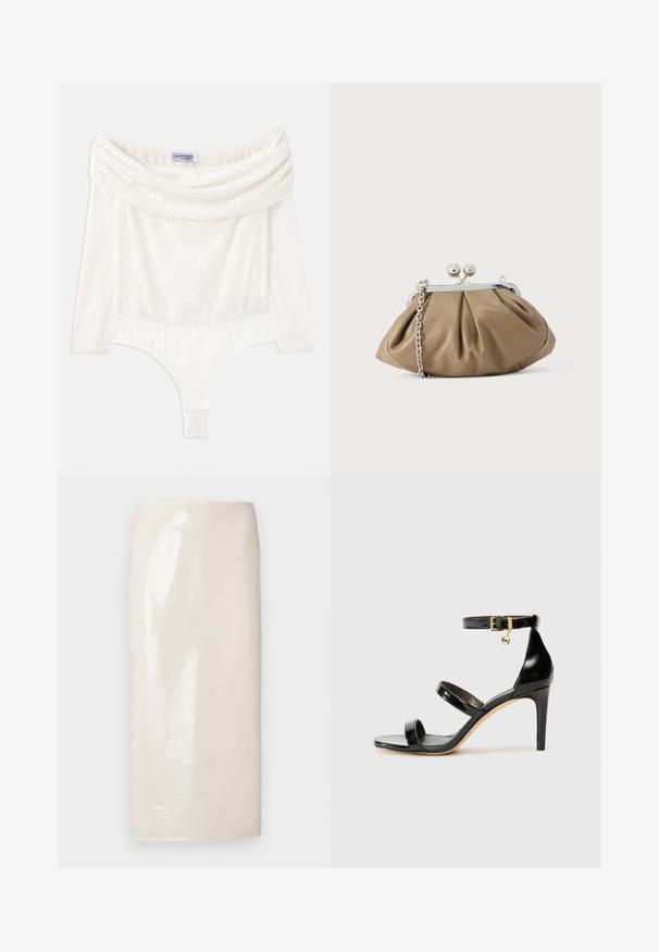 Body blanco de encaje con escote off-shoulder, mangas tres cuartos y un panel inferior suave. Presenta intrincados patrones florales.; Falda lápiz color crema con acabado brillante, textura suave y silueta ajustada, con diseño hasta la rodilla y sin cierres visibles.; Sandalia de charol negro con tres correas, hebilla en el tobillo y tacón de aguja de 10 cm. Presenta detalles de hardware en oro y un charm con el logo.; Clutch de cuero en beige suave con forma redondeada, textura plisada, cierre de broche plateado y una correa de cadena desmontable.