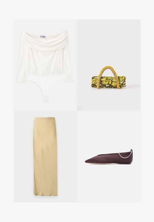 Bodysuit en dentelle blanche avec un col dénudé, des manches trois-quarts et un panneau inférieur lisse. Présente des motifs floraux intricats.; Jupe droite beige, taille haute, longueur cheville, avec une texture lisse et sans motifs ni ornements visibles.; Chaussure plate marron foncé à bout pointu avec un petit talon et un détail chaîne en strass argentée à l'arrière.; Sac rectangulaire avec motif floral jaune et noir et anse tressée jaune et rose sur fond blanc.