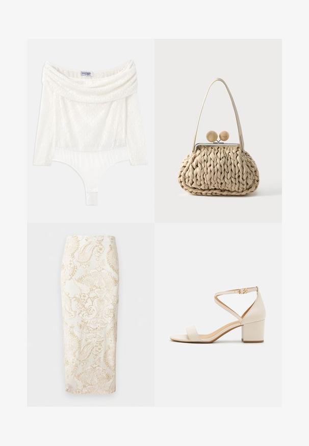 Witte kanten bodysuit met een off-shoulder halslijn, driekwartmouwen en een glad onderpaneel. Beschikt over ingewikkelde bloempatronen.; Witte kokerrok met beige, ingewikkeld bloemen- en paisleypatroon, recht model, tot op de knie.; Beige blokhak sandalen met een minimalistisch ontwerp, open neus en verstelbare enkelriem met een gouden gesp detail. Zachte textuur.; Beige geweven handtas met een dikke gevlochten structuur, een enkele schouderriem en een metalen gesp met twee ronde beige bollen bovenop.