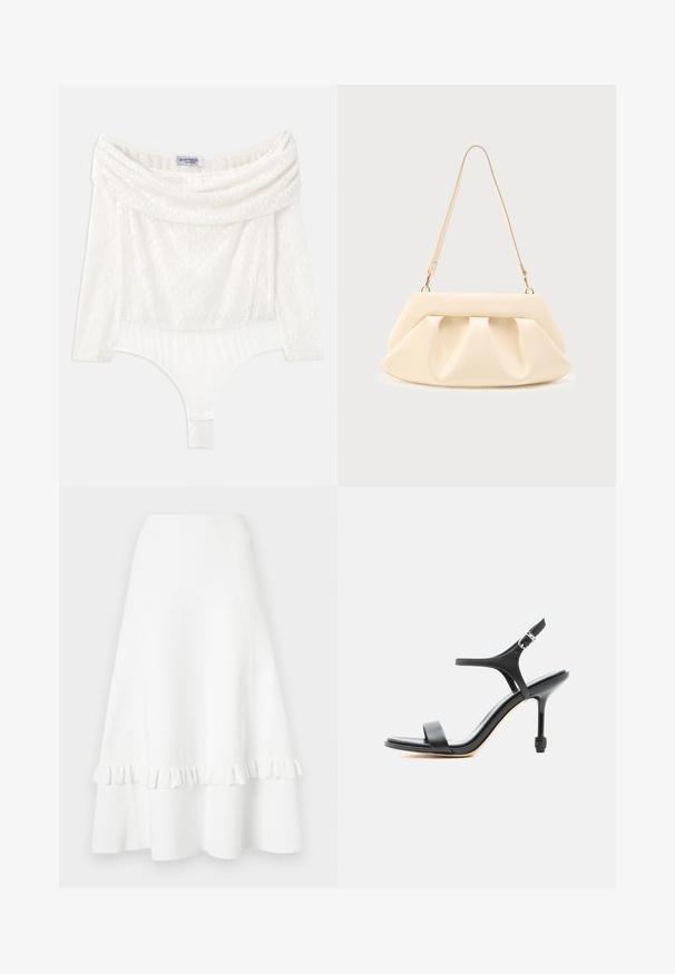 Body blanco de encaje con escote off-shoulder, mangas tres cuartos y un panel inferior suave. Presenta intrincados patrones florales.; Falda blanca acampanada hecha de tejido texturizado, con un dobladillo con volantes y diseño de ojales, cuenta con una cinturilla suave y un corte a la altura de la rodilla.; Sandalia negra de cuero con tacón alto, tiras delgadas, puntera abierta y hebilla ajustable en el tobillo, presentada sobre un fondo blanco liso.; Bolso de mano de cuero color crema con pliegues fruncidos, herrajes dorados y una única correa delgada para el hombro sobre un fondo liso.
