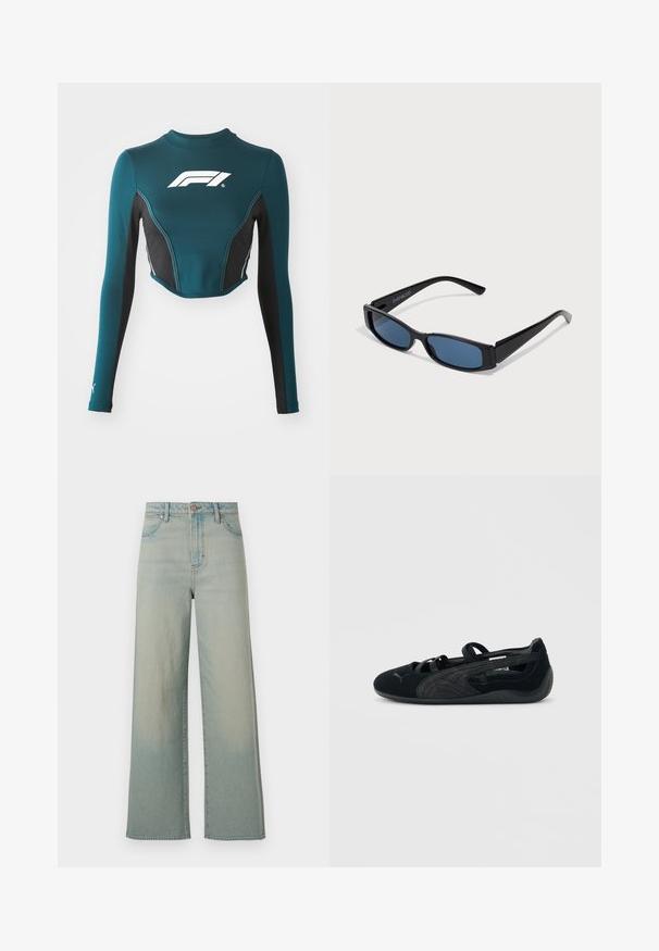 Teal lange mouwen crop top met zwarte zijpanelen. Heeft een wit logo op de borst en contrasterende stiksels. Gemaakt van rekbaar materiaal.; Wrangler LOOSE STRAIGHT - Wijde jeans - silver lake; Zwarte ballerina van suède met gekruiste bandjes, gestructureerd zijdetail en een lage rubberen zool.; Zwarte zonnebril met een slank rechthoekig frame en blauwe lenzen. Heeft een gladde textuur en stevige pootjes. Merklogo aan de zijkant.