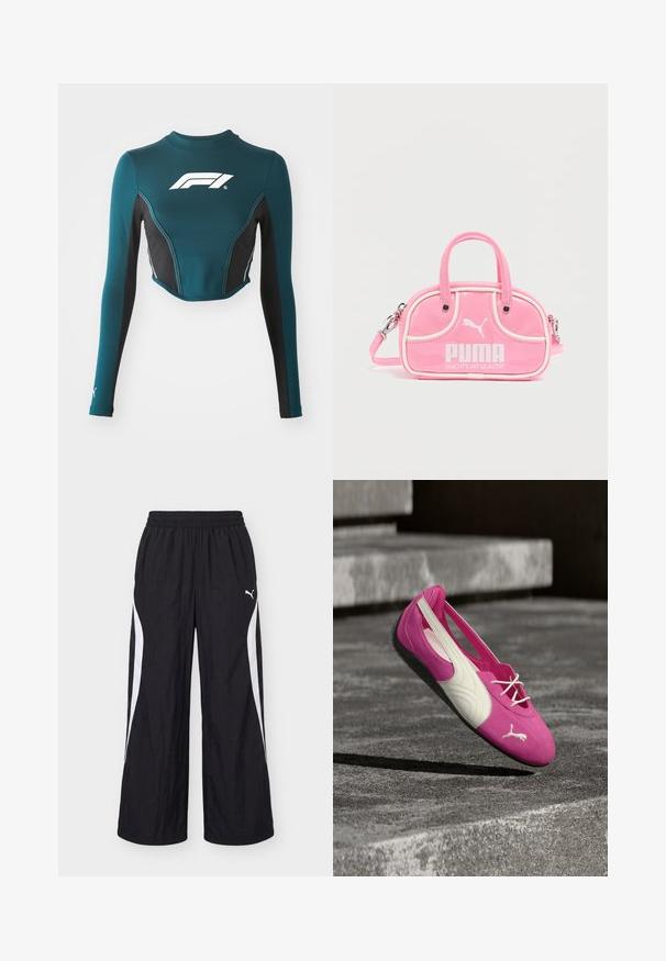 Teal lange mouwen crop top met zwarte zijpanelen. Heeft een wit logo op de borst en contrasterende stiksels. Gemaakt van rekbaar materiaal.; Zwarte wijde sportbroek met witte zijstrepen en een elastische tailleband, met het Puma-logo op de rechterdij.; Roze-witte platte Puma-schoen met veters, die op een grijze betonnen trede buiten ligt.; Roze glanzende handtas met twee handvatten, witte accenten en een opvallend PUMA-logo. Voorzien van een afneembare schouderband en ritssluiting.