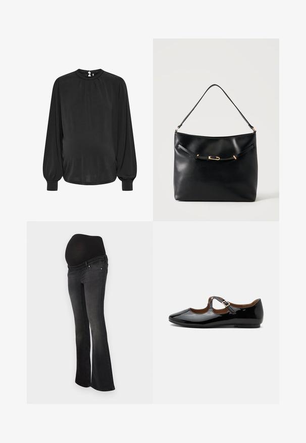 Blouse noire à manches longues avec un col montant, un devant plissé et des poignets élastiques, dotée d'une fermeture en trou de serrure à l'arrière. Tissu lisse.; Jeans de maternité en denim gris foncé avec un panneau noir extensible pour le soutien du ventre, design à jambe évasée et style classique à cinq poches.; Chaussure plate Mary Jane en cuir verni noir avec deux découpes et une bride à boucle dorée sur fond blanc.; Sac à épaule en cuir noir avec une bandoulière unique et un petit détail de boucle dorée à l'avant, sur un fond clair uni.