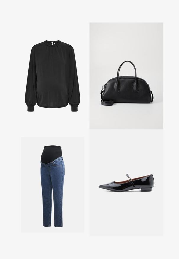 Blusa negra de manga larga con un cuello alto, frente plisado y puños elásticos, que cuenta con un cierre de ojal en la parte posterior. Tejido suave.; Jeans de maternidad con piernas de denim azul y un panel abdominal elástico negro diseñado para soportar y cubrir una barriga en crecimiento.; Zapato plano Mary Jane de charol negro con punta afilada y tacón bajo, con una correa ajustable y hebilla dorada.; Bolso de mano de cuero negro con forma redondeada, con dos asas en la parte superior, superficie texturizada y correa de hombro desmontable. Dos acentos hexagonales a los lados.