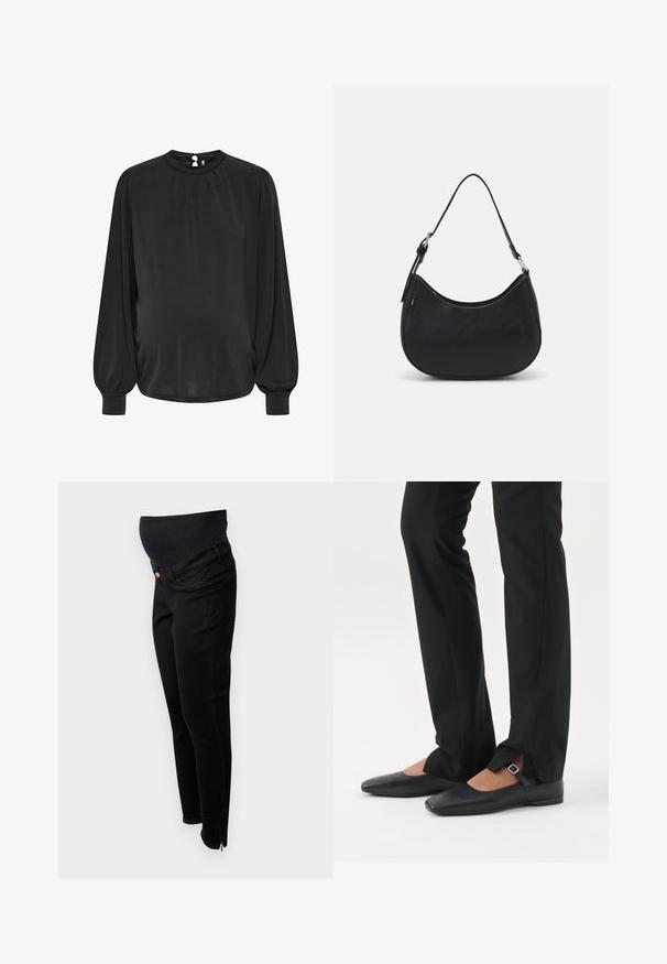 Blusa negra de manga larga con un cuello alto, frente plisado y puños elásticos, que cuenta con un cierre de ojal en la parte posterior. Tejido suave.; Jeans de maternidad negros con una banda elástica sobre el vientre, corte ajustado, cremalleras en los tobillos y diseño clásico de cinco bolsillos. Textura de denim suave.; Piernas con pantalones ajustados negros con aberturas frontales en el dobladillo, combinados con zapatos planos Mary Jane negros con una pequeña correa con hebilla.; Bolso hobo negro hecho de cuero suave con una silueta curva, que cuenta con una sola correa ajustable y detalles de diseño minimalistas.