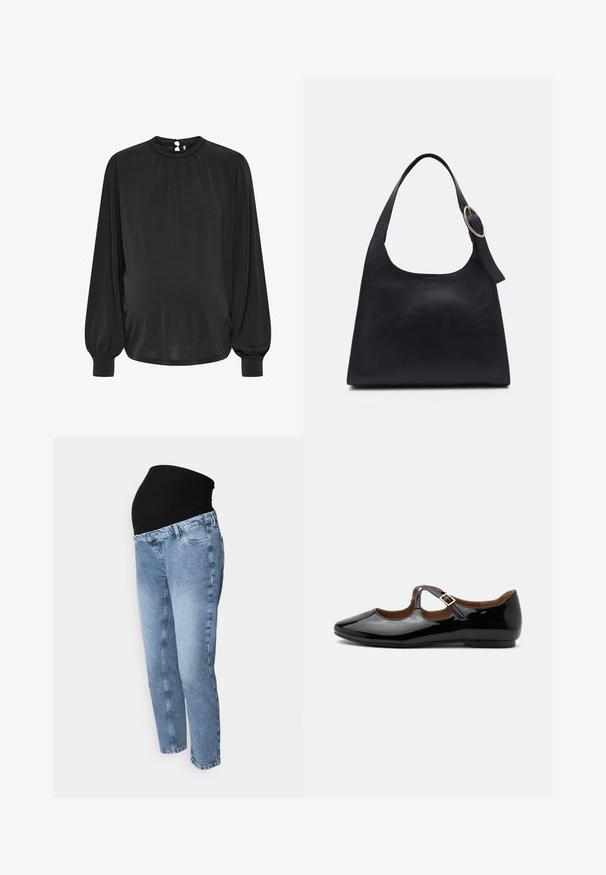 Blusa negra de manga larga con un cuello alto, frente plisado y puños elásticos, que cuenta con un cierre de ojal en la parte posterior. Tejido suave.; Jeans de maternidad con cinturilla elástica negra y denim azul claro. Diseño de pierna recta con estilo clásico de cinco bolsillos y lavado desvanecido.; Zapato plano Mary Jane de charol negro con dos recortes y una correa con hebilla dorada sobre fondo blanco.; Bolso tote de cuero negro con textura suave, cuerpo redondeado y una sola correa de hombro con un acento de hardware dorado circular.