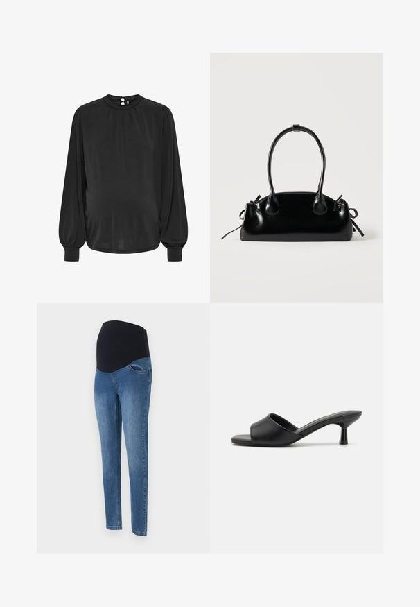 Blusa negra de manga larga con un cuello alto, frente plisado y puños elásticos, que cuenta con un cierre de ojal en la parte posterior. Tejido suave.; Jeans de maternidad con una cinturilla elástica negra, tela de mezclilla azul, corte ajustado, diseño de cinco bolsillos y un ligero desvanecimiento en las piernas delanteras.; Sandalias de deslizamiento negras con parte superior de cuero suave, punta abierta y un tacón bajo y brillante. Diseño minimalista con una forma curvada y un acabado elegante.; Pequeño bolso negro brillante con dos asas largas y detalles de cordón lateral sobre un fondo claro liso.