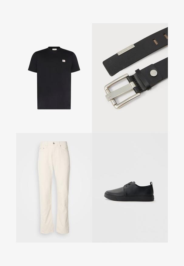 Sort T-shirt med korte ærmer og rund hals med lille hvidt rektangulært logo-patch med røde og sorte CK-bogstaver på venstre bryst.; Beige bomuldsjeans med et klassisk lige ben-design, der har en forreste knaplukning, fem lommer og diskrete syninger.; Sorte lædersneakers med en glat finish, rund tå, tonalt syning, snøring foran og en flad gummisål. Løkke ved hælen.; Sort læderbælte med sølvmetalknap, prydet med Calvin Klein-logo. Glat tekstur med justerbare huller til størrelse.