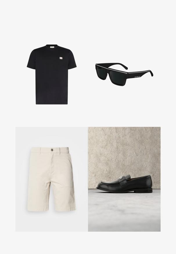 Zwart T-shirt met korte mouwen en ronde hals met een kleine witte rechthoekige logopatch met rode en zwarte CK-letters op de linkerborst.; Beige katoenen shorts met een rechte pasvorm, voorzien van een voorste knoop- en ritsluiting, zijzakken en gestikte zoom.; Zwarte leren loafer met een metalen merktekenplaatje, rustend bij een bruine ronde tafel op een beige tapijtvloer.; Calvin Klein Jeans Zonnebril - black