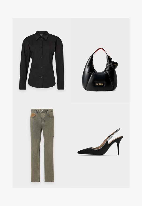Camisa negra de botón hecha de algodón. Presenta mangas largas, un cuello clásico y una forma ajustada con una textura suave.; Jeans de mezclilla verde con un diseño de pierna recta, que cuentan con un bolsillo de acento de pana marrón y un sutil desgastado en toda la tela.; Zapato negro de tacón alto tipo slingback con punta puntiaguda, tacón de aguja fino y texto "LOVE MOSCHINO" en la correa y el borde.; Bolso de cuero sintético negro con forma curva, que presenta una placa de logo dorada y un charm en forma de corazón. La correa interior tiene un detalle de logo rojo.