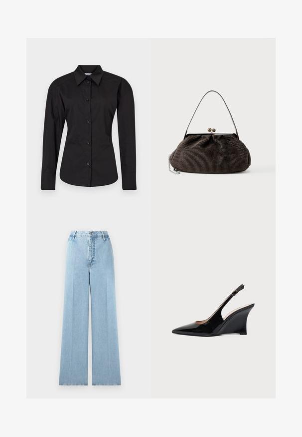 Camisa negra de botón hecha de algodón. Presenta mangas largas, un cuello clásico y una forma ajustada con una textura suave.; Jeans de mezclilla de corte ancho en azul claro con una cintura alta, con cinco pasadores para cinturón, cierre frontal con botón y costuras cosidas.; Zapato de cuña slingback de charol negro con puntera puntiaguda y hebilla ajustable en la correa del tobillo sobre fondo blanco.; Bolso pequeño de color marrón oscuro con textura, con una correa corta, marco metálico y cierre de broche, descansando sobre un fondo claro y liso.