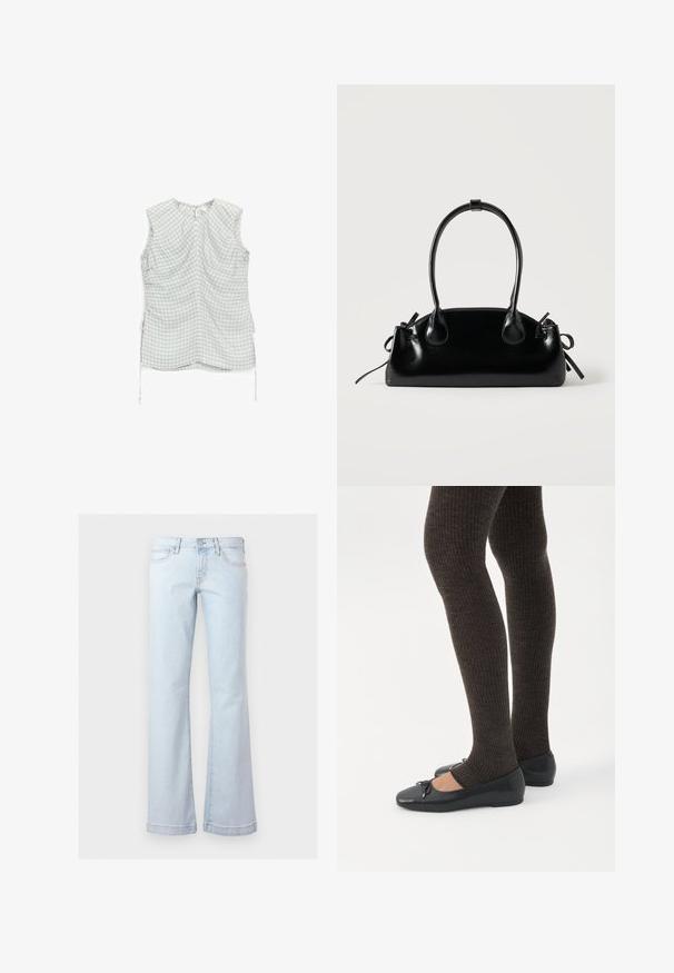 Blouse sans manches avec un motif vichy bleu pâle et jaune, coutures froncées sur les côtés avec des liens ajustables, et une petite fermeture d'encolure à ouverture en forme de clé.; Jean en denim bleu clair taille haute avec poches avant, fermeture par boutons et jambes évasées larges.; Jambes portant des leggings côtelés foncés associés à des ballerines noires avec de petits détails en nœud sur fond blanc.; Petit sac à main noir brillant avec deux longues anses et des détails à cordon sur les côtés sur un fond clair uni.