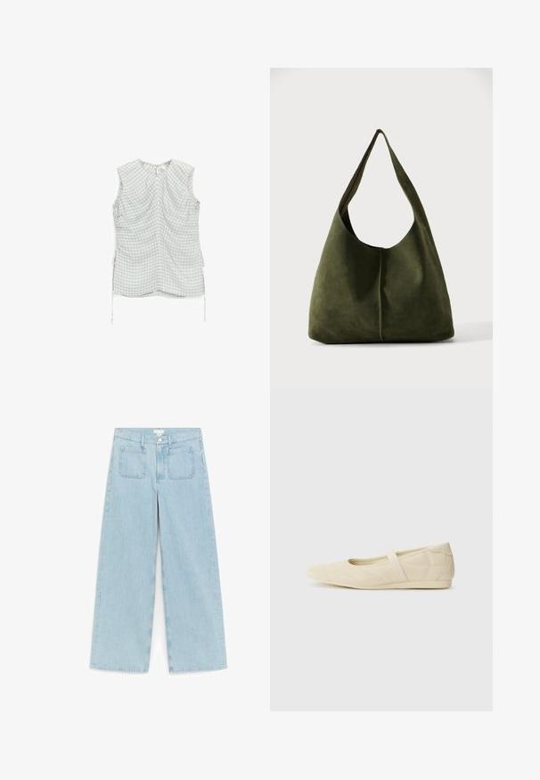 Blouse sans manches avec un motif vichy bleu pâle et jaune, coutures froncées sur les côtés avec des liens ajustables, et une petite fermeture d'encolure à ouverture en forme de clé.; Jean en denim bleu clair à jambes larges avec poches plaquées devant, passants pour ceinture et fermeture par bouton à la taille.; Ballerines beiges avec une exterior en cuir lisse, un bout en forme d'amande et une sangle élastique sur le coup de pied, avec des détails de couture subtils.; Grand sac bandoulière souple en daim vert olive avec une large sangle et une forme douce et non structurée sur un fond uni.