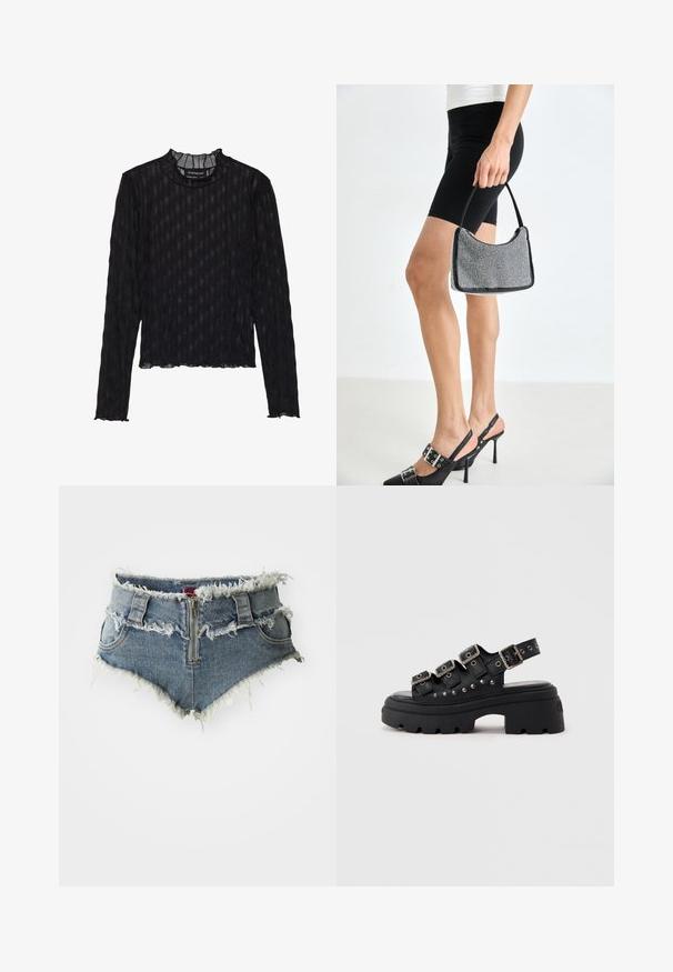 Haut noir à manches longues avec une texture côtelée transparente, doté un col montant froncé et une taille courte.; Shorts en denim avec ourlet effiloché, taille haute, fermeture éclair à l'avant et deux poches avant. Le matériau est un denim bleu délavé avec des détails usés.; Sandale plateforme noire à semelle épaisse, munie de trois brides réglables à boucles et ornée de clous argentés sur une semelle crantée épaisse.; Sac à main à perles noires avec une silhouette courbée, une poignée de transport et une texture brillante. Porté avec des chaussures à talons hauts noires et un short noir ajusté.