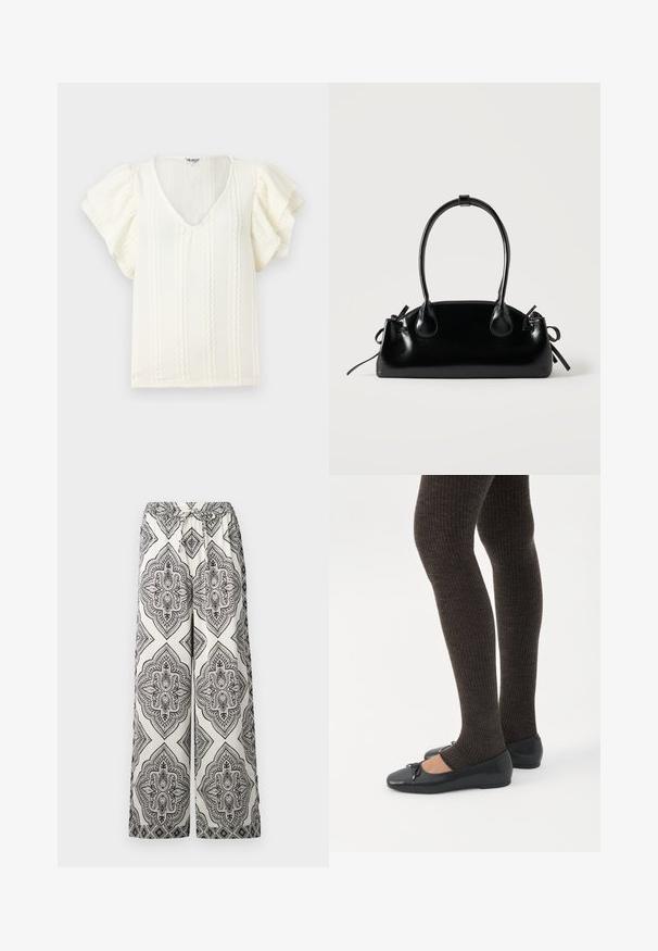 Blouse blanche avec des manches courtes à volants, décolleté en V et rayures verticales en relief. Tissu léger avec un subtil éclat doux.; Pantalons à jambes larges en crème avec un motif de diamant orné noir. Dotés d'une taille élastique avec un lien décoratif et d'une texture lisse.; Jambes portant des leggings côtelés foncés associés à des ballerines noires avec de petits détails en nœud sur fond blanc.; Petit sac à main noir brillant avec deux longues anses et des détails à cordon sur les côtés sur un fond clair uni.