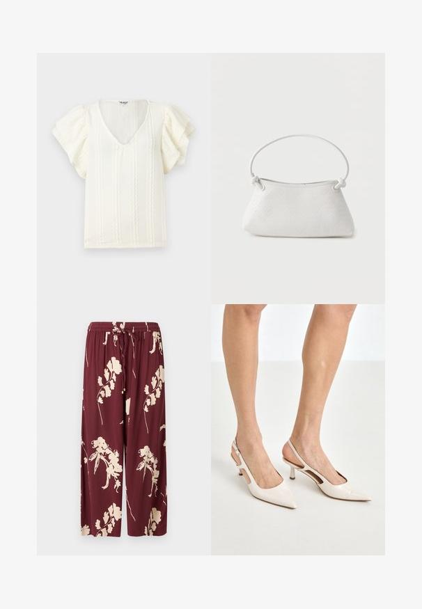 Blouse blanche avec des manches courtes à volants, décolleté en V et rayures verticales en relief. Tissu léger avec un subtil éclat doux.; Pantalons larges bordeaux en tissu léger ornés d'un motif floral crème, avec une taille élastique à cordon de serrage et deux poches latérales.; Escarpins à talon slingback en cuir verni beige avec un bout pointu et un talon de 5 cm, présentant des côtés découpés et une fine bride à la cheville.; Sac à main en cuir tressé blanc avec poignée arrondie et extrémités de lanière nouées, présenté sur un fond uni.