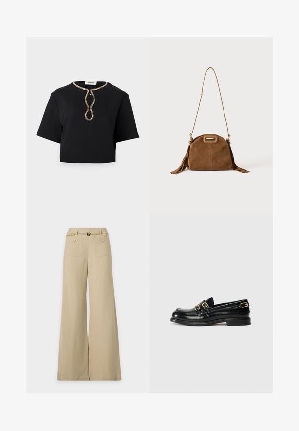 Haut noir court à manches courtes avec un col rond orné d'un motif de boucle en perles dorées au centre devant.; Pantalon beige à jambes larges avec poches plaquées à l'avant et ceinture chaîne dorée décorative avec maillons en forme de cœur.; Mocassins en cuir noir avec une finition brillante, dotés de deux boucles dorées et d'un talon bas. Texture lisse avec un design à bout arrondi.; Sac à épaule en daim marron avec une longue bandoulière, une découpe rectangulaire de la poignée et des détails à pompons sur les côtés sur fond blanc.