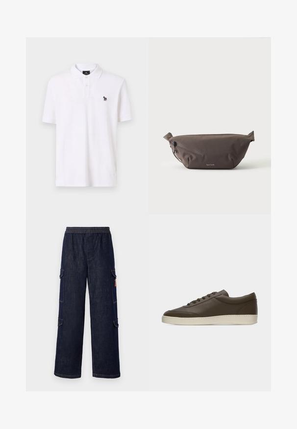 Polo shirt blanc en coton, avec un col classique, une patte de boutonnage à deux boutons et un petit logo zèbre multicolore sur la poitrine.; Pantalons cargo en denim bleu marine avec une coupe décontractée, dotés d'une taille élastique, de poches latérales et de détails de couture contrastés.; Baskets basses en cuir marron foncé avec lacets sur le devant et semelle en caoutchouc couleur crème, vues de côté extérieur sur fond blanc.; Sac banane en tissu marron foncé avec poche zippée en diagonale et petit logo blanc sur le devant, sur un fond clair uni.