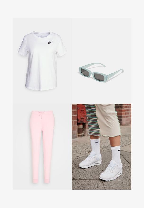 Camiseta de algodón blanca con cuello redondo y mangas cortas. Presenta un logotipo negro de Nike en la parte superior izquierda del pecho.; Pantalones de chándal rosa claro con cintura ajustable, piernas cónicas y un logotipo bordado en el muslo. Textura de tela suave y lisa.; Zapatillas Nike Air Max 90 blancas con parte superior de malla y cuero, que cuentan con una unidad de aire visible, combinadas con calcetines blancos con relieve y logotipo negro.; Un par de gafas de sol rectangulares con montura translucida azul clara y lentes gris oscuro, que cuentan con patillas rectas y detalles de hardware mínimos.