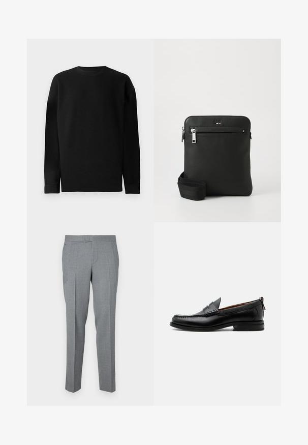 Čierny dlhý rukáv sveter vyrobený z rebrového materiálu. Má okrúhly výstrih a rovný lem so priliehavými manžetami. Jednoduchý a jednotný farebný dizajn.; Sivé nohavice na mieru vyrobené z textúrovanej látky, s plochým predným dielom, pútkami na opasok a dvoma bočnými vreckami. Strih rovného nohu.; Čierny kožený pánsky mokasín s prešitím moc toe, penny remienkom, textúrovaným golierom a nízkym vrstveným podpätkom na bielom pozadí.; Čierna kožená kabelka cez plece s plochým dizajnom, textúrovaným povrchom, zapínaním na zips, predným vreckom a nastaviteľným textilným popruhom.