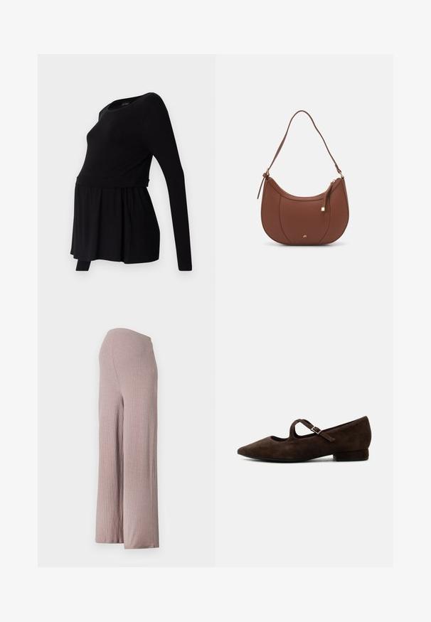 Blusa de maternidad negra de manga larga con escote redondeado, corte suelto y cintura fruncida, hecha de una tela suave y elástica.; Pantalones de pierna ancha de canalé en rosa claro con una textura suave y cintura elástica, que presentan una silueta acampanada y un suave caído.; Zapato Mary Jane de ante marrón oscuro con puntera puntiaguda, correa fina con hebilla metálica y tacón bajo en bloque, fotografiado de perfil sobre fondo blanco.; Bolso de hombro de imitación cuero marrón con forma curva, costura mínima y un acento de hardware en tono dorado. Presenta un cierre de cremallera en la parte superior y una correa ajustable.