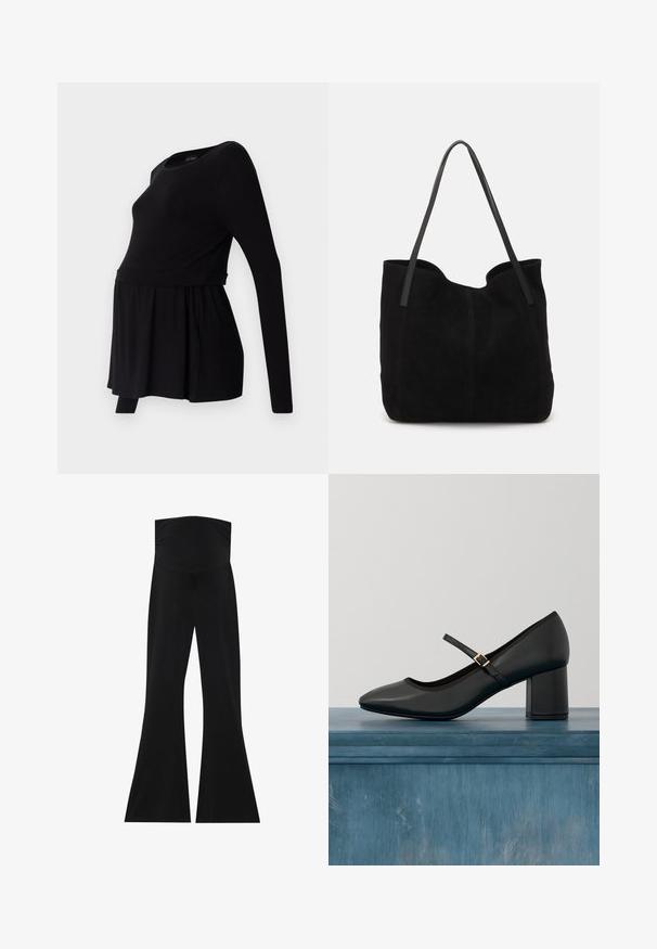 Schwarzes, langärmliges Stilloberteil mit rundem Halsausschnitt, lockerer Passform und gerafftem Taillenbereich, aus weichem, elastischem Material.; Schwarze, ausgestellte Hose mit hohem Bund, aus dehnbarem Stoff. Besitzt eine glatte Textur und ein einfaches, minimalistisches Design.; Schwarze Mary-Jane-Schuhe mit Blockabsatz und goldener Schnallenriemen, die über einem glatten Betonboden in einer minimalistischen Innenanordnung schwebt.; Schwarze Wildleder-Umhängetasche mit zwei langen, flachen Ledergriffen. Sie verfügt über eine gewölbte obere Kante und sichtbare Nähte auf der Vorderseite. Keine Hardware-Details.