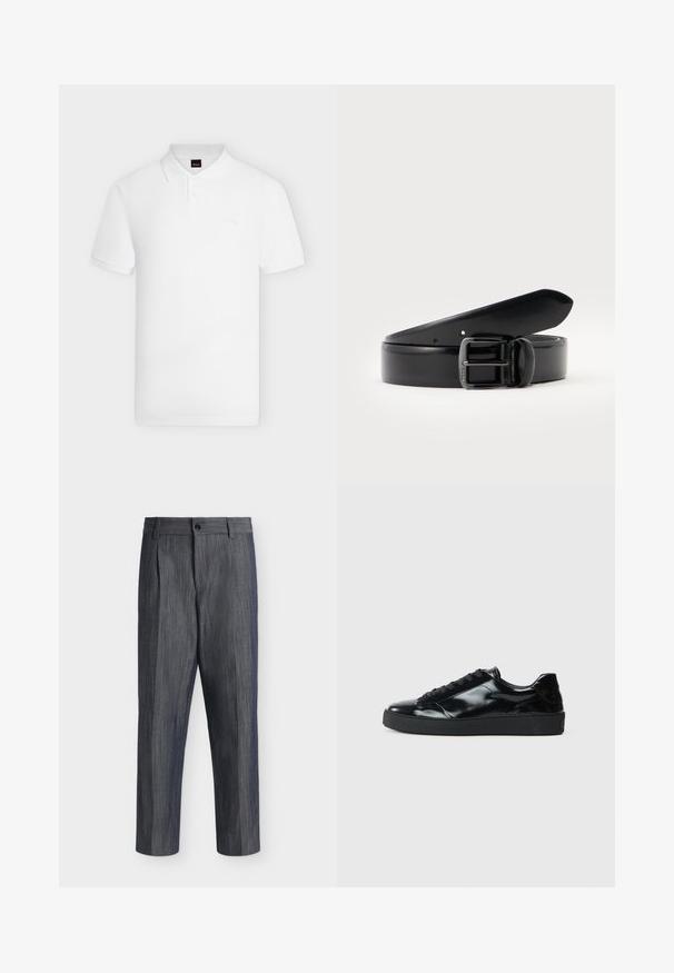 Polo blanc à manches courtes avec col et patte à deux boutons, avec une broderie discrète du logo sur la poitrine gauche.; Pantalon formel gris foncé à coupe droite, passants de ceinture, plis à l’avant et fermeture par bouton à la taille.; Baskets en cuir verni noir avec un bout arrondi, un laçage, une semelle en caoutchouc texturé et une finition lisse.; Ceinture en cuir noir roulée avec une boucle à ardillon métallique noire, sur un fond clair uni.