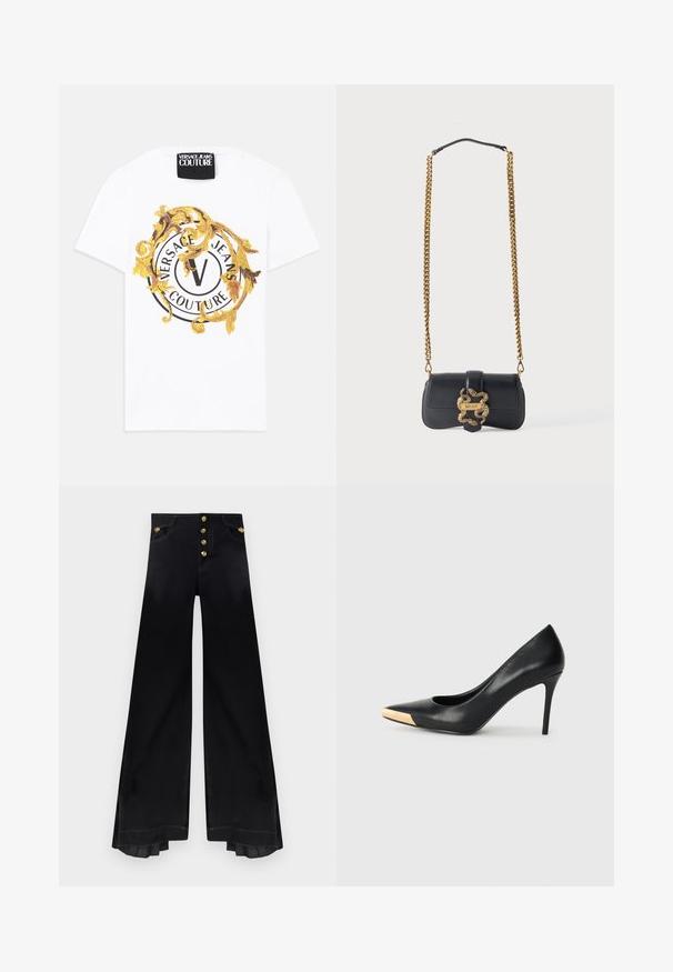 Weißes Baumwoll-T-Shirt mit einem runden Grafikdesign, das schwarze und goldene Motive enthält, darunter ein kreisförmiges Logo und dekorative Elemente.; Schwarz hoch taillierte weit geschnittene Hose mit fünf goldenen Knöpfen und plissierten Details innen am Saum.; Schwarzer Leder-Pumps mit hohen Absätzen und spitzem Zehenbereich; verfügt über einen metallisch goldenen Akzent auf der Zehenkappe. Glatte Oberfläche mit einem eleganten Design.; Kleine schwarze Leder-Schultertasche mit goldener, schlangenförmiger Schnalle und dickem goldfarbenem Kettenriemen mit schwarzer Leder-Schulterauflage.