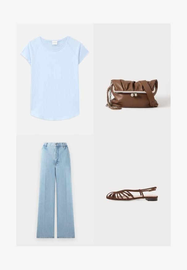 Hellblaues Kurzarm-T-Shirt mit rundem Halsausschnitt, lockerer Passform und abgerundetem Saum. Hergestellt aus weichem Stoff mit glatter Textur.; Hellblaue weit geschnittene Jeans aus Denim mit hoher Taille, ausgestattet mit fünf Gürtelschlaufen, einem vorderen Knopfverschluss und gesteppte Nähte.; Braune flache Sandale mit mehreren dünnen Riemen und einer kleinen Schnalle am Knöchel vor hellem Hintergrund.; Braune weiche Leder-Schultertasche mit silbernem Metallrahmen und Verschluss, verstellbarem Riemen und geflochtenem Kettenhenkel auf weißem Hintergrund.