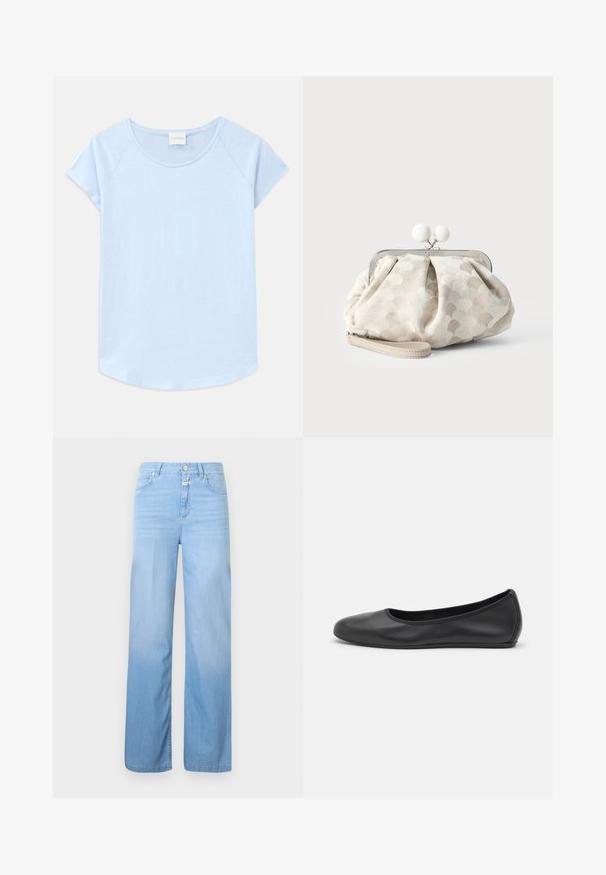 Hellblaues Kurzarm-T-Shirt mit rundem Halsausschnitt, lockerer Passform und abgerundetem Saum. Hergestellt aus weichem Stoff mit glatter Textur.; Hellblaue Denim-Jeans mit geradem Bein, 5-Pocket-Stil, Knopfverschluss und ausgewaschenem Effekt am unteren Teil.; Schwarze Leder-Ballettschuhe mit abgerundeter Spitze, glatter Textur, minimalen Nähdetails und einem flexiblen Sohlen-Design.; Kleine beige Clutch mit strukturiertem Tupfenstoff, silbernem Rahmen, rundem weißem Verschluss und abnehmbarem Handgelenksriemen auf schlichtem Hintergrund.
