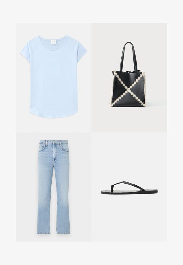 Lichtblauwe T-shirt met korte mouwen, een ronde halslijn, een ontspannen pasvorm en een gebogen zoom. Gemaakt van zachte stof met een gladde textuur.; Lichtblauwe denim jeans met een recht model, hoge taille en subtiele vervaging. Gekenmerkt door de klassieke vijf-pocketstijl en een ritsluiting.; Zwarte teenslippers met een minimalistisch ontwerp, voorzien van dunne banden en een platte zool. Het materiaal lijkt op plastic met een gladde textuur.; Zwarte leren draagtas met crèmekleurige stiksels in een X-patroon. Voorzien van twee zwarte handvatten en een ongestructureerde vorm.