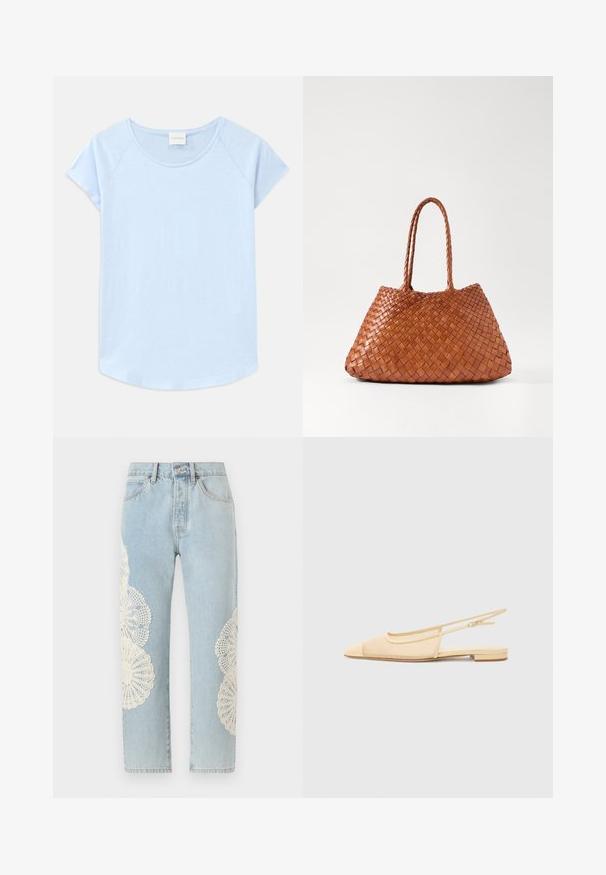 Hellblaues Kurzarm-T-Shirt mit rundem Halsausschnitt, lockerer Passform und abgerundetem Saum. Hergestellt aus weichem Stoff mit glatter Textur.; FRAME THE VERTICAL - Jeans Straight Leg - wisp; Slingback-Ballerina in hellbeige mit einem Netz-Obermaterial, spitz zulaufender Zehenpartie und niedrigem Absatz. Verfügt über einen verstellbaren Riemen für eine optimale Passform.; DRAGON DIFFUSION SANTA CROCE BIG - Handtasche - tan